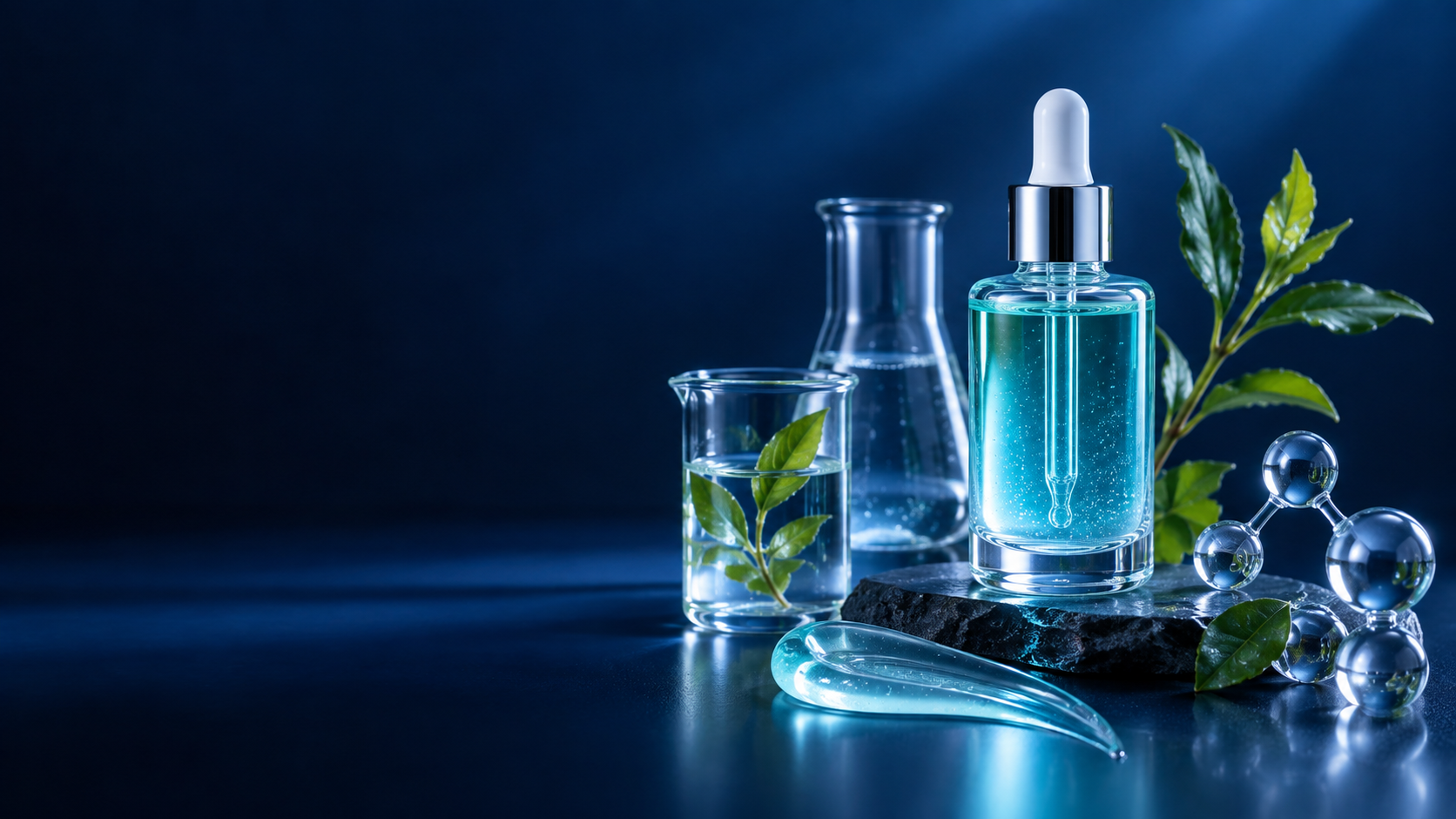 Cosmetic serum and laboratory glassware with botanical leaves